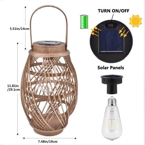 pearlstar Outdoor Solar Lanterns Light Rattan Bamboo Lamp with Handle for Hanging or Table Lamp for Patio Yard Garden Wedding Home Decoration, Edison Bulb, Auto on/Off(Style2)