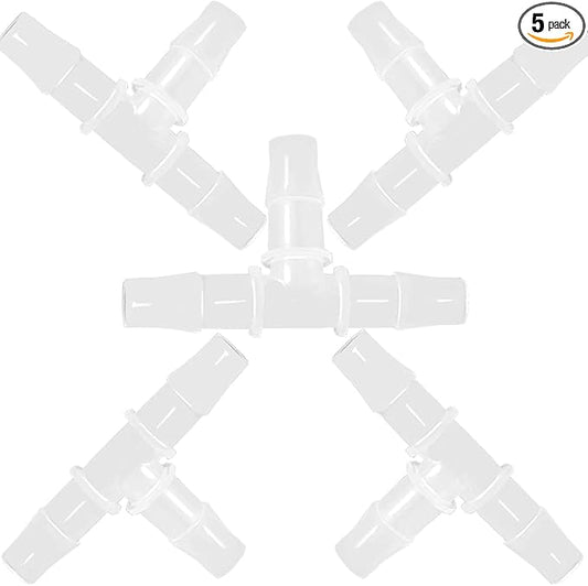 1/4" Tee Fitting Equal Barb 3 Way Hose Barb Fitting Splicer Joint Mender Adapter Union Fitting for Fuel Gas Liquid Air (Pack of 5)