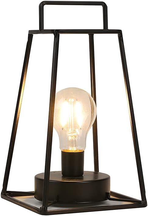 JHY DESIGN Retro Style Geometric Table Lamp 10''High Simple Iron Art Cordless Lamp Battery Powered Lamp with 6-Hours Timer Feature Cage Wireless Lamp for Balcony Party Indoor Outdoor(Short, Black)