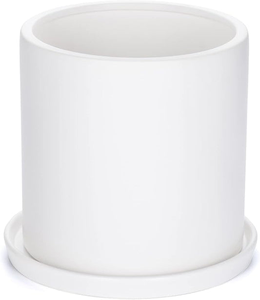 Plant Pots 10 Inch Ceramic Planter with Drainage Hole and Saucer, Matte White Modern Cylinder Planter Pot for Indoor Outdoor Plants Flowers, Full Glazed Finish