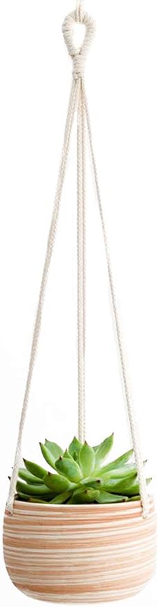 Mkono Ceramic Hanging Planter Macrame Plant Holder 5 Inch Cute Succulent Cactus Pot with Cotton Rope Hanger for Indoor Outdoor Decor, 1 Pack