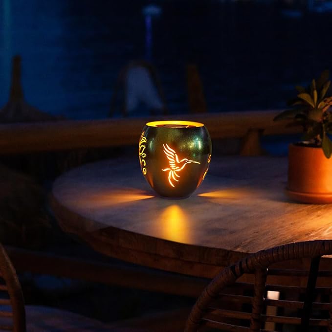 VEWOGARDEN Solar Lanterns Outdoor Waterproof Hummingbird & Plant Hollowed-Out Metal Lantern Solar Lights with Flickering Flame for Patio Porch Table, Green