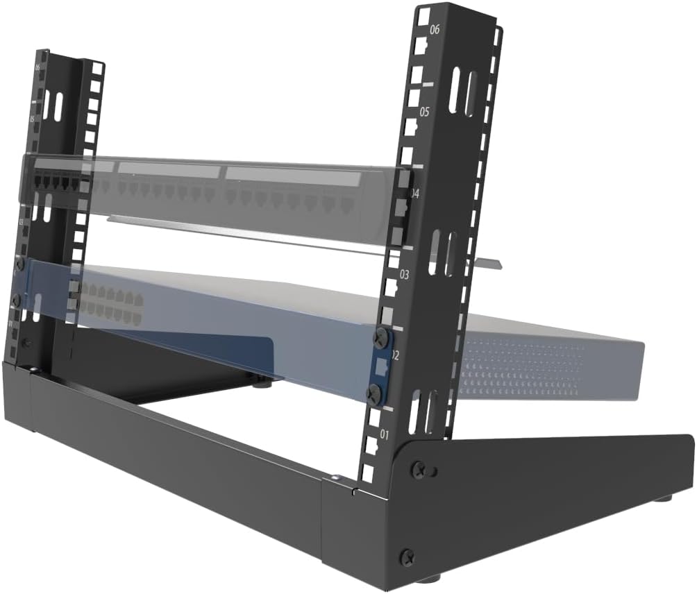 JINGCHENGMEI 6U Desktop Network Rack 19 inches Small Open Frame Rack 2 Post Free-Standing Tabletop Rack for Patch Panel, Data, AV, IT,Studio or Computer Equipment (6U)