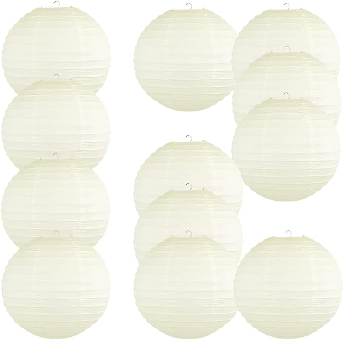 Chinese Style Paper Lanterns, Set of 12, Suitable for Party Decoration (Ivory, 14in)