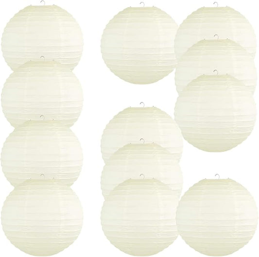 Chinese Style Paper Lanterns, Set of 12, Suitable for Party Decoration (Ivory, 14in)