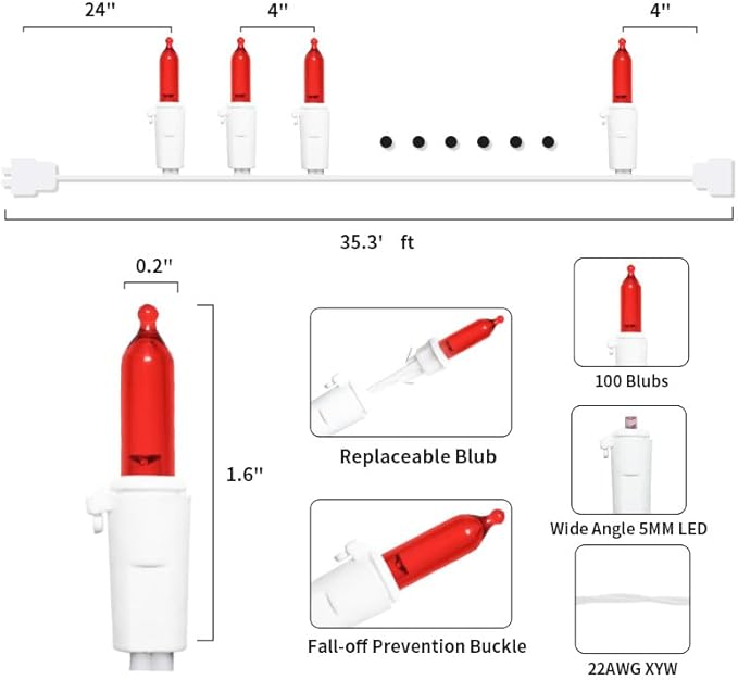 Red Christmas LED Lights - 2 Pack 100 Count Red Christmas String Lights for Tree, Bedroom, Wedding, Indoor/Outdoor Valentines Day Decorations, 2 Sets 33 Feet White Wire, UL Certified, Connectable