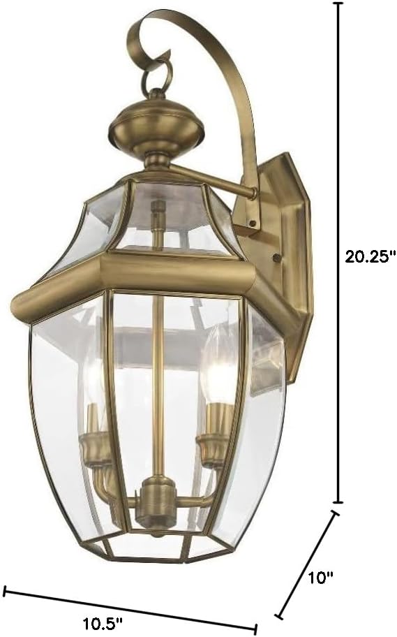 Livex Lighting 2251-02 Monterey 2 Light Outdoor Polished Brass Finish Solid Brass Wall Lantern with Clear Beveled Glass, 20.25" x 10.5" x 10"