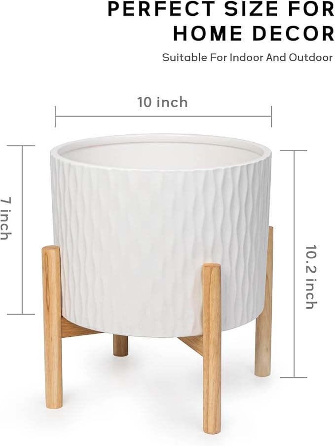 LaDoVita Ceramic Plant Pot with Stand, 10 Inch Planter with Wood Shelf, Modern Round Flower Pots Indoor with Wood Planter Holder, White Water Ripple Pattern