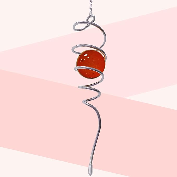 Gazing Ball Spiral Tail Wind Spinner,Decorative Wind Spinner 11inch Tail and 2 inch Glass Orb. Indoor Outdoor Wind Spinner Tail Sun Catcher Garden Decoration-13 inch Height(red)