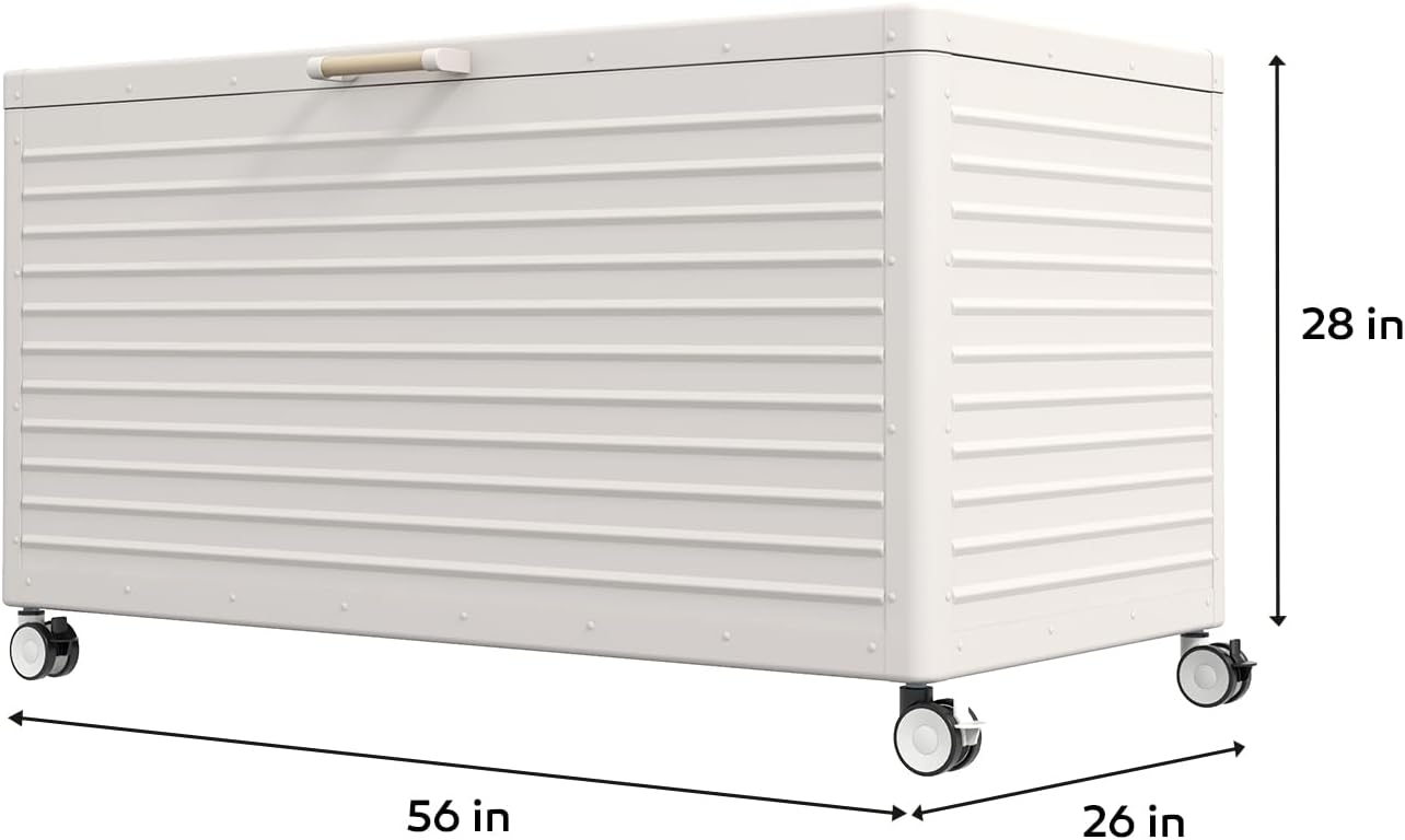 175 Gallon Outdoor Storage Box Waterproof with Wheels, Metal Deck Box for Patio Furniture, Garden Tools, Outdoor Cushion, Latte