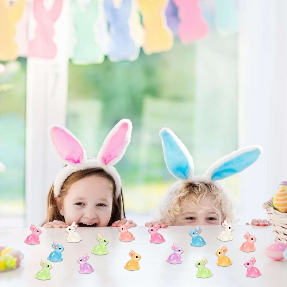 70pcs Easter Luminous Mini Resin Bunny 7 Colors Little Small Glow in The Dark Rabbit Bunny Figures for Dollhouse Micro Fairy Garden Decor Easter Egg Fillers Party Favors Supplies