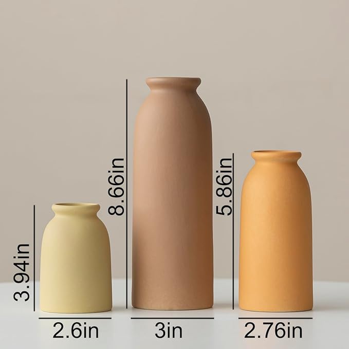 Ceramic Vase Set-3, Small Flower Vases for Decor, Modern Boho Farmhouse Style, Decorative Vases for Pampas Grass & Dried Flowers, Distressed Finish (Brown Mix)