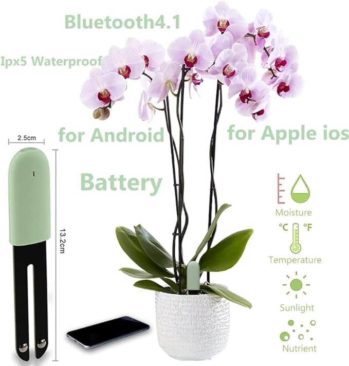 Soil Moisture Meter 4 in 1 for HHCC, Plant Water Monitor, Automatically detects Moisture/Temperature/Light/Fertility, Can Connect to Mobile Phone via Bluetooth, Plants Sensor for Indoor (Green - 1pcs)