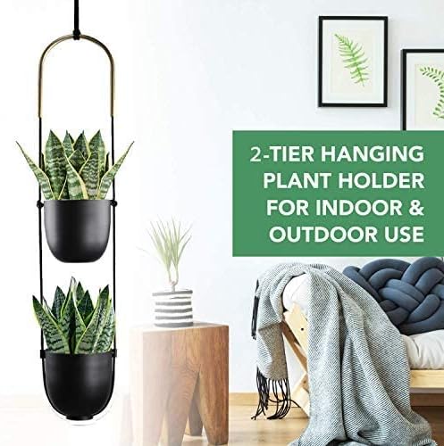 Modern Metal Hanging Planter for Indoor Outdoor Plants with Hook 2 Tier Boho Wall and Ceiling Flower Pots Baskets Holder Home Office Decor(Black)