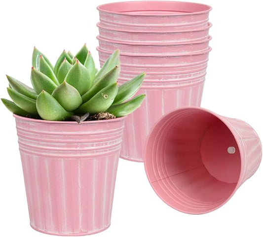 vensovo 4 Inches Pink Metal Rustic Flower Pots - 6 Pcs Small Galvanized Planters with Drainage Hole and Rubber Plug, Rustproof Tin Bucket Plant Pot Farmhouse Vintage Style for Decor