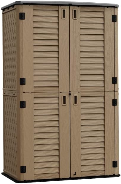 HOMSPARK Storage Shed Weather Resistance, Multi-Purpose Outdoor Storage Cabinet for Backyards and Patios, Horizontal Storage Shed for Lawnmower, Patio Accessories (Coffee, Tall - 53 cu.ft)