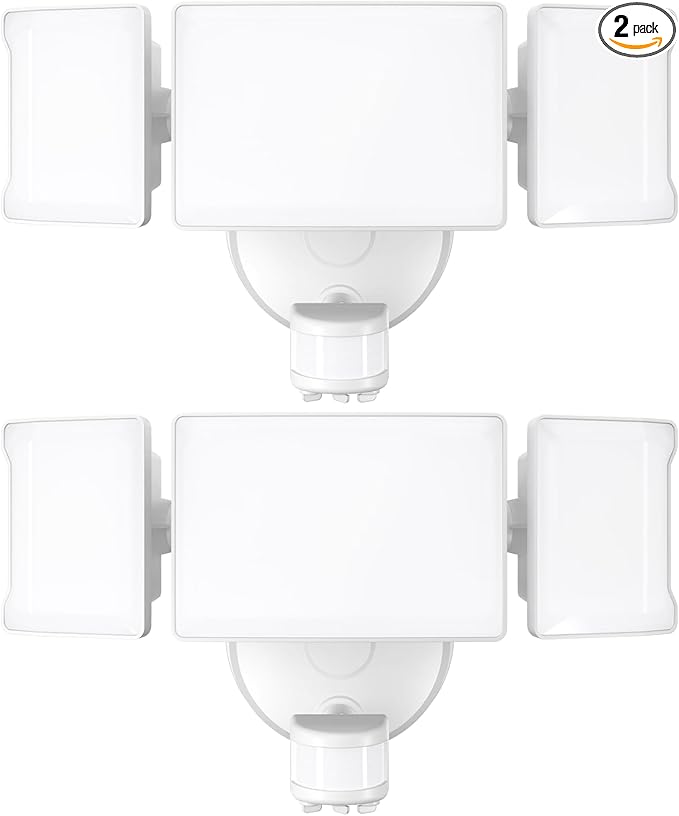 Olafus 65W Motion Sensor Outdoor Light, 2 Pack LED Security Light 6000LM, 6500K Exterior Motion Flood Light with 3 Adjustable Heads, for Outside Garage, Yard, Patio, IP65 Waterproof, White