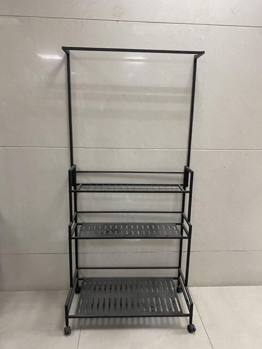 YIZAJIA Plant Stand Indoor 3 Tier Metal Outdoor Tiered Stands Shelf With wheel for Multiple Plants Potted Ladder Plant Holder Table Plant Pot Stand for Window Garden Balcony Living Room (3 Tier-Black with Hanger)