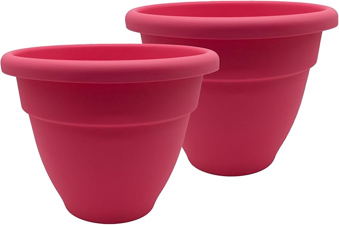 The HC Companies Caribbean Planter Pot - Outdoor & Indoor Plant Pot with Drainage Hole & Plug - Rolled Rim Plastic Pots for Plants & Flowers - Decorative Plant Pot (14" Pink Rose, Pack of 2)