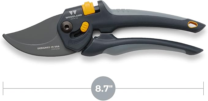 Woodland Tools Co. Heavy Duty Bypass Pruning Shears – 5/8" Cut Capacity, High Carbon Steel Blade, Internal Spring, Adjustable Grip Slider, Garden Hand Pruner for Plants, Shrubs, and Live Stems