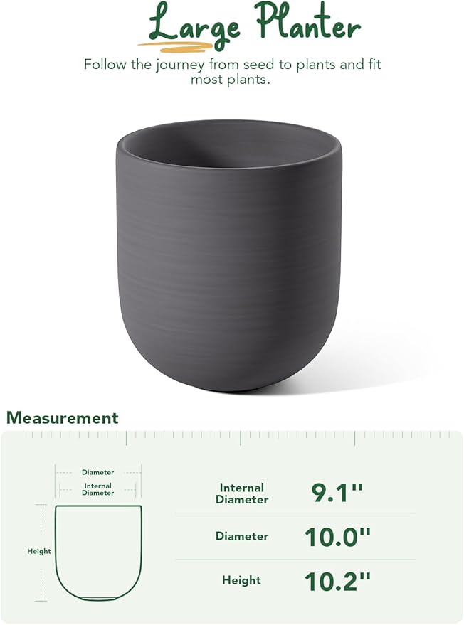 LE TAUCI 10 Inch Plant Pot, Ceramic Pots for Plants with Drainage Hole and Rubber Plug, Plant Pots Indoor for Home Garden Patio Office, Cylinder Planters for Indoor Plants, Charcoal Gray