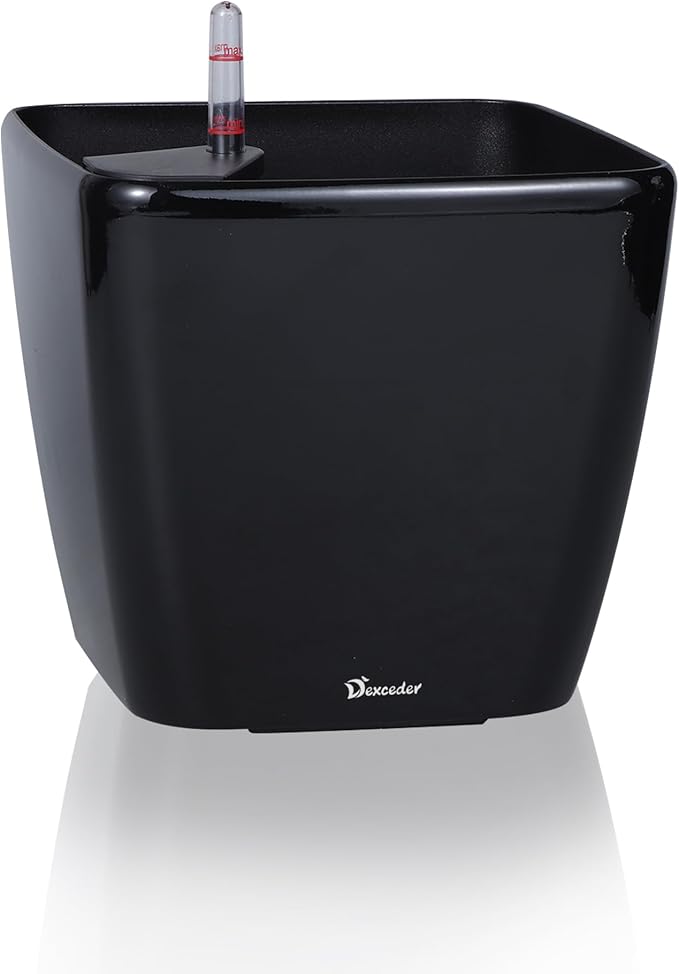 Dexceder 11x10 Self Watering Planter Indoor Outdoor, Inner Mat Design, Thickened Table Flower Plant Pot with Water Level Indicator (Black High Gloss)