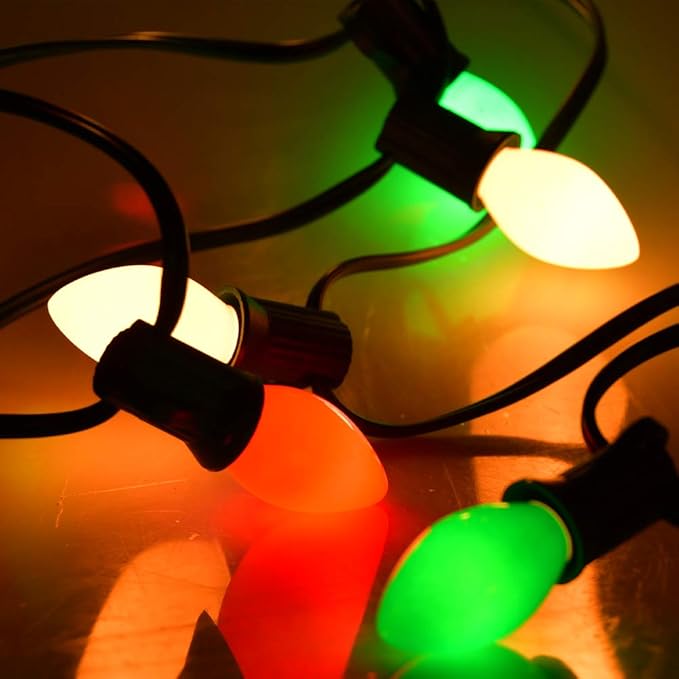 25Ft Christmas Lights Outdoor, C7 Vintage Christmas Lights with 27 Red White and Green Ceramic Bulbs, Hanging Outdoor Decorations Light Waterproof for Holidays Patio Garden Party Roofline