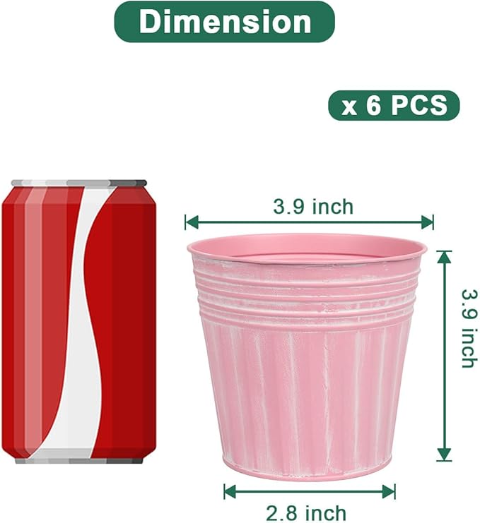 vensovo 4 Inches Pink Metal Rustic Flower Pots - 6 Pcs Small Galvanized Planters with Drainage Hole and Rubber Plug, Rustproof Tin Bucket Plant Pot Farmhouse Vintage Style for Decor