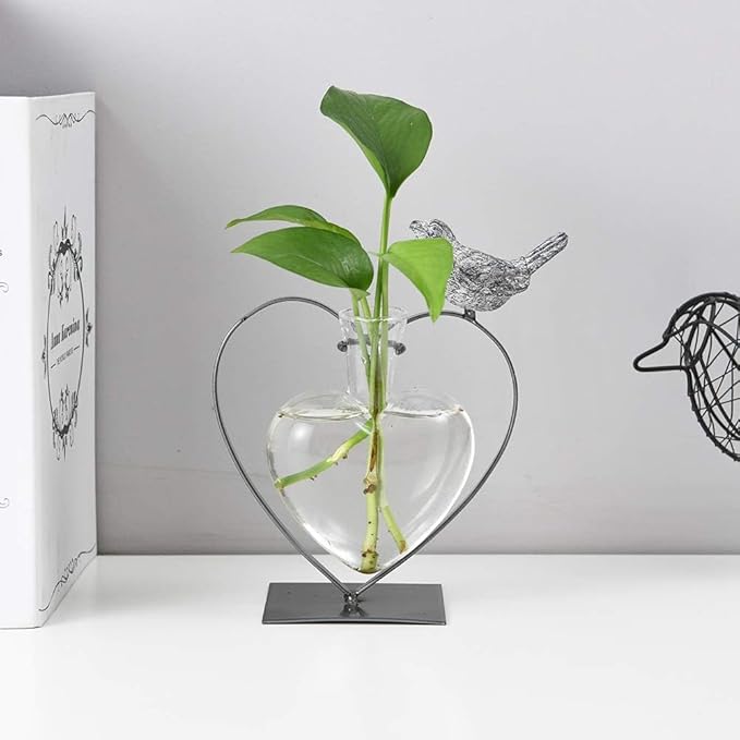 Marbrasse Desktop Glass Vase, Bulb Glass Vases for Holder, Creative Bird with Heart Planter Vase, Plant Terrarium Metal Stand for Modern Office Home Wedding Decorations