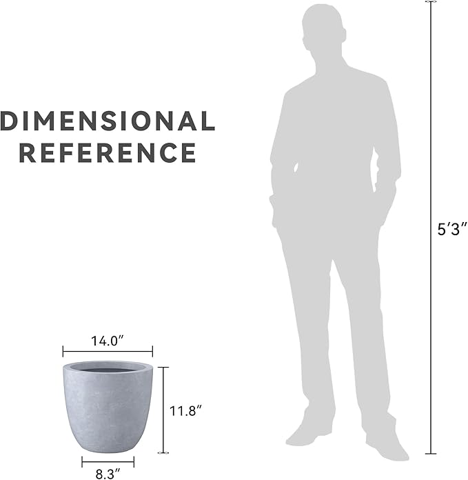 Kante 14 Inch Dia Round Concrete Planter, Indoor Outdoor Large Plant Pot with Drainage Hole and Rubber Plug for Home Patio Garden, Gray