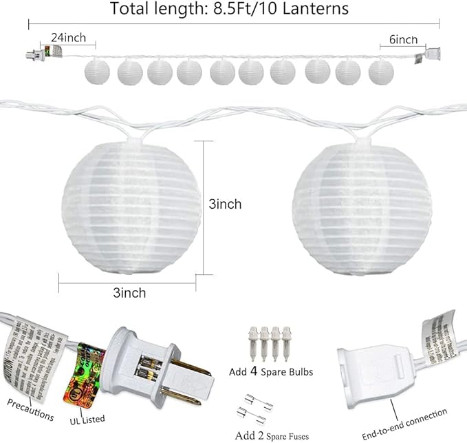 Lantern String Lights, 8.5 Ft Indoor Decor Light with 10 Waterproof Nylon Lantern, 8" Spacing Hanging Globe Light Set UL Certified Plug-in Connectable Decorative Lights for Indoor & Outdoor (White)