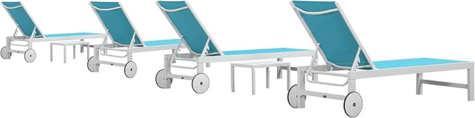 PURPLE LEAF Outdoor Chaise Lounge Set of 4 White Aluminum Lounge Chair Outdoor with Wheels Five-Position Adjustable Patio Lounge Chair for Pool Deck Yard, Turquoise
