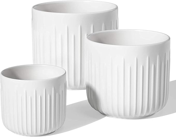 LE TAUCI Ceramic Planters, Set of 3 Plant Pots for Indoor Plants, 8.3+6.9+5.7 inch Flower Pots with Drainage Holes, Medium Cylinder Planters Pot for Indoor House Plants, White