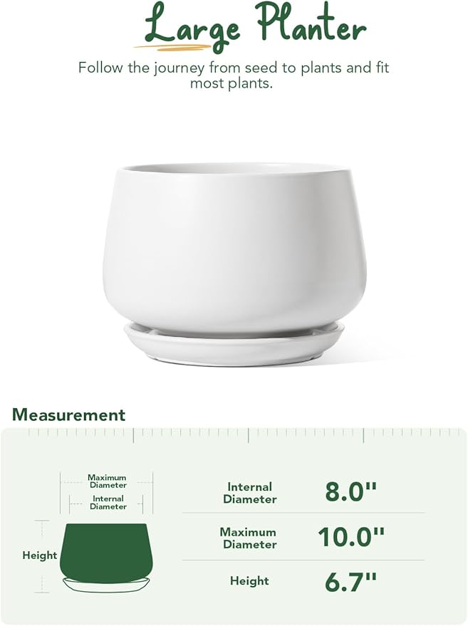 LE TAUCI Ceramic Planters, 10 Inch Pots for Plants, Indoor Plant Pots with Drainage Holes and Saucers, Modern Planters Fit Mid Century Plant Stand, Flower Pots for Indoor Plants, White
