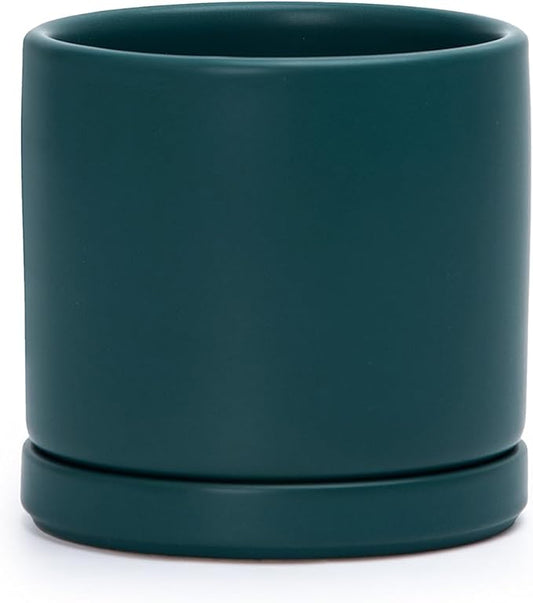 D'vine Dev 4.6 Inch, Ceramic Planter Pot with Drainage Hole and Saucer, Indoor Cylinder Round Planter Pot, Teal, 94-O-B-9