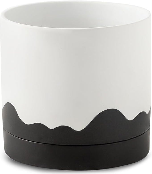 Nihow Ceramic Plant Pot: 8 Inch Planter with Drainage Hole & Saucer for Indoor & Outdoor Plants - Cylinder Round Flower Pot for Succulent/Herbs/Violets - White & Wave Black