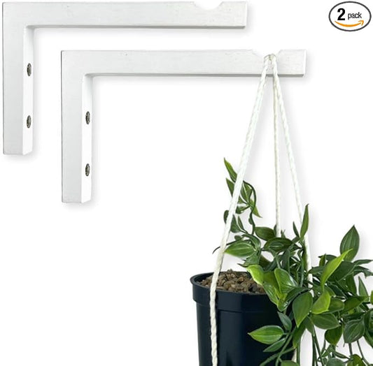 2-Piece Set of Plant Hooks for Wall 6 Inch - L-Shaped Mounted Wooden Plant Hook - Indoor and Outdoor Bracket Plant Hanger for Planters, Lanterns, Bird Feeders and Plant Basket (White)