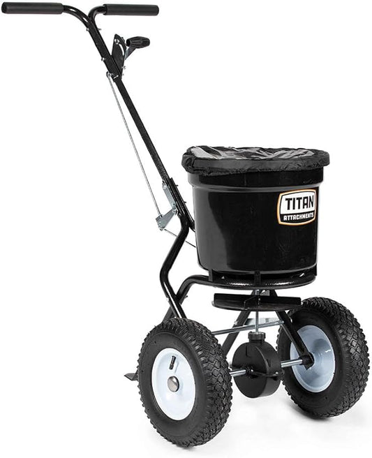 Titan Attachments 50 lb Professional Fertilizer Push Broadcast Spreader, Spreads 10 to 12 FT, Lawn Care and Ice Melter, Yard Tool
