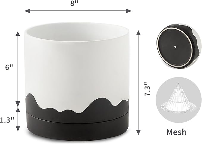 Nihow Ceramic Plant Pot: 8 Inch Planter with Drainage Hole & Saucer for Indoor & Outdoor Plants - Cylinder Round Flower Pot for Succulent/Herbs/Violets - White & Wave Black