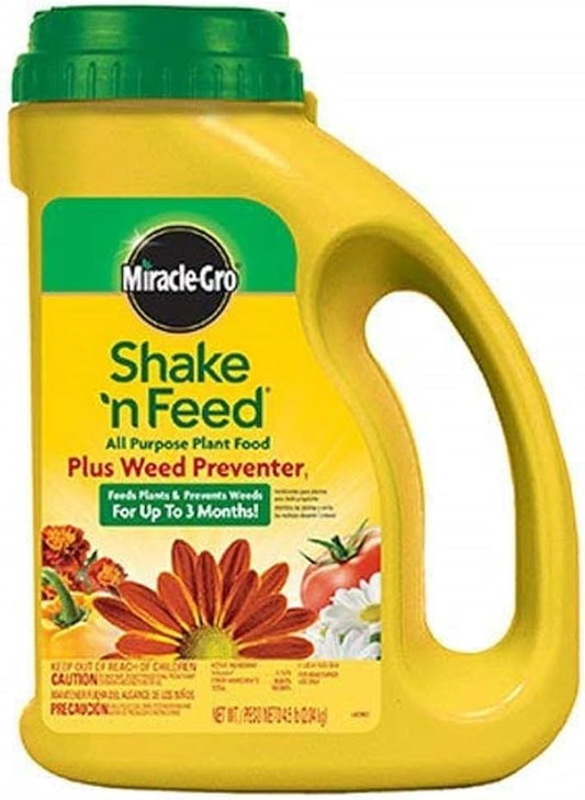 Miracle-Gro Shake 'N Feed All Purpose Plant Food Plus Weed Preventer1, Prevents Crabgrass, Common Chickweed and Common Purslane in Gardens, 4.5 lb.