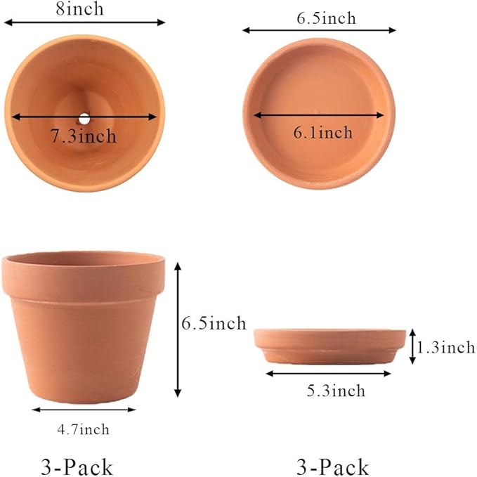 Yishang 8 Inch Clay Pot for Plant with Saucer - 3 Pack Large Terra Cotta Plant Pot with Drainage Hole, Clay Planters Pot, Terracotta Pot for Indoor Outdoor Plant,Round Flower Planter Pots for Plants