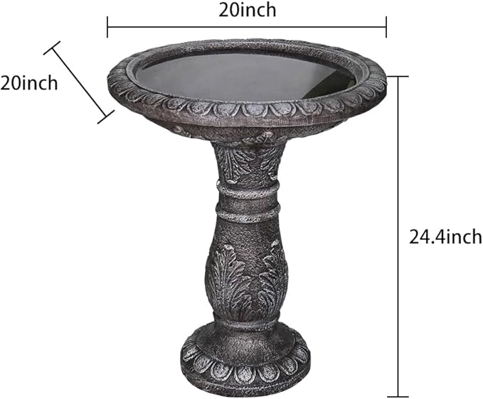 SunJet 24.4” H x 20” Dia Outdoor Birdbath with Intricate Floral Carvings Pedestal - Fibre Reinforced Concrete Birdbaths, Vintage Design for Garden Decor & Bird Attraction