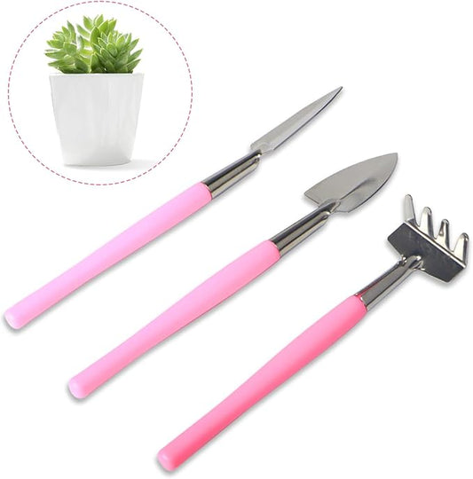 Mini Gardening Tools, 3Pcs Stainless Succulent Tools Kit Shovel Rake Trowel, 2 Colors Hand Shovel for Gardening for Indoor Small Plants, Succulents, Potted Plants, Bonsai (Pink)