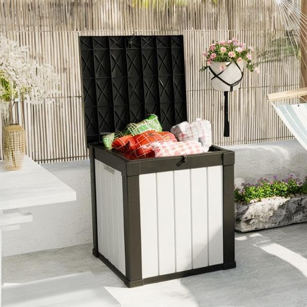 50-Gallon Outdoor Deck Box,Storage Lockable Waterproof Patio Furniture,Garden Tools,Cushions,Pool Accessories Outside Storage Resin Box(Black and White)
