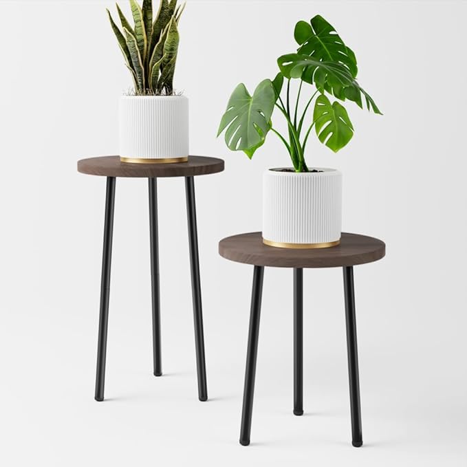 Plant Stand Indoor Tall: Corner Wood Plant Stand 2 Pack Mid Century Modern Decor - Small Round Plant Table for Indoor Plants - Outdoor Plant Holder for Patio Living Room Bathroom Office (Grey Wood)