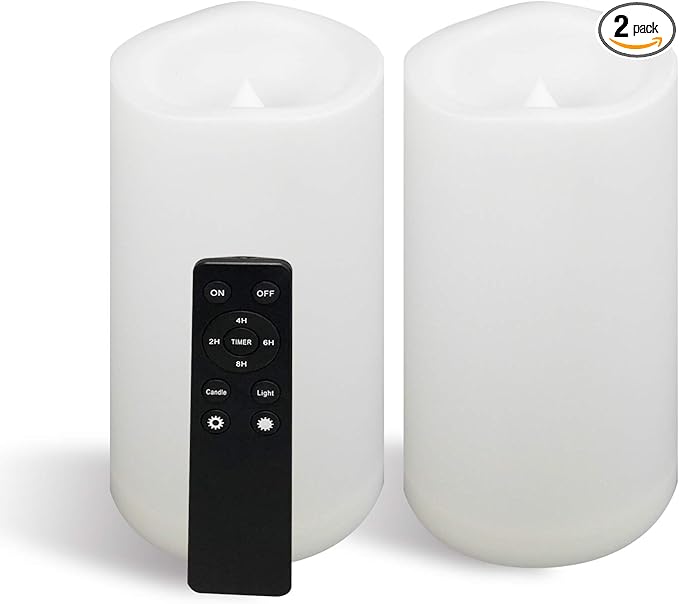CANDLE CHOICE Large Waterproof Outdoor Battery Operated Flameless Candles Remote Timer 4”(D)x8”(H) Big White Plastic Bright Flickering Electric LED Pillars Lantern Patio Garden Wedding Decoration 2PCS