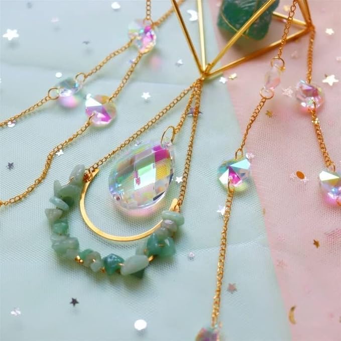 Crystal Suncatchers for Windows, Green Fluorite Gemstone Sun Catcher Hanging, Spiritual, Rainbow Maker, Crystal Boho Decor Indoor Outdoor, Natural Stone (Green Fluorite)