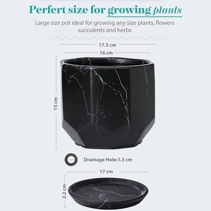 Large Marble Black Plant Pot with Drainage Holes and Saucers, Ceramic Pots for Indoor Outdoor Plants, 7 Inch Premium Hand Glazed Planters for Flower, Garden, Succulent, Nursery, Home Decor