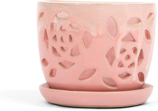 rePotme Orchid Pot - 5 inch Floral Cutout Ceramic Orchid Pot with Holes (Cream Over Cotton Candy) - Includes 5 inch Slotted Pot Liner