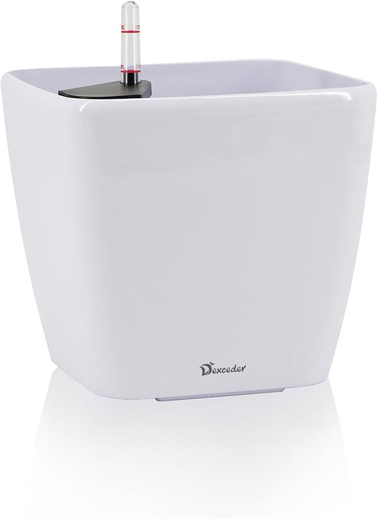 Dexceder 9x8 Self Watering Planter Indoor Outdoor, Inner Mat Design, Thickened Table Flower Plant Pot with Water Level Indicator (White High Gloss)